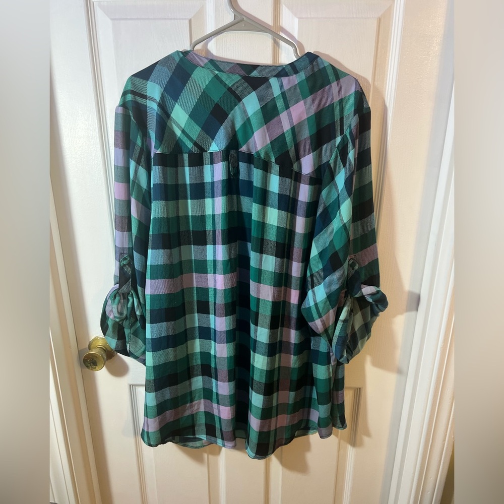Torrid Green Plaid Harper Georgette 3/4 Sleeve Top Size 5 - Picture 8 of 10